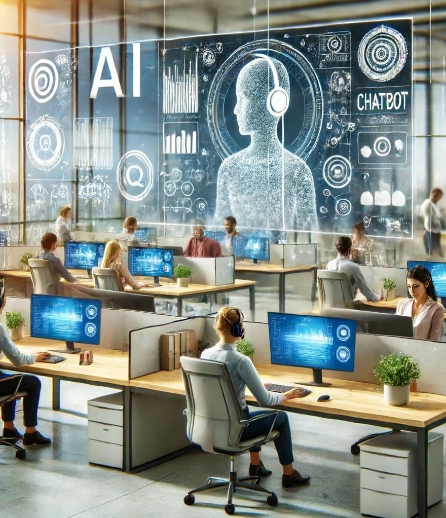 A call center powered by AI, shown in a 1_1 ratio. The image features several desks with employees working, surrounded by digital elements like chatbo copy